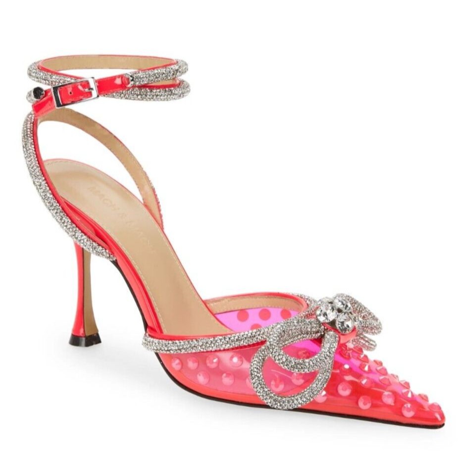 Mach & Mach Womens Crystal Double Bow Pvc Pumps Heels Sandals Size 37.5 / Us 7.5
